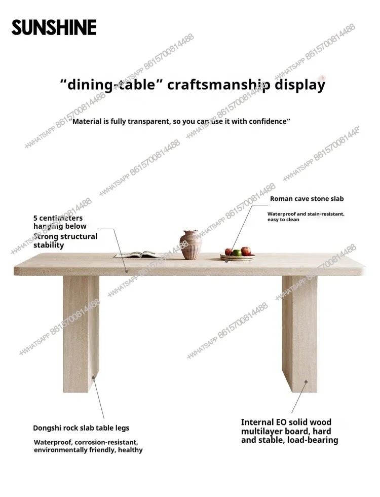 Mid-Century Travertine Dining Set: Wabi-Sabi Rectangular Table & Chairs, Customizable French Luxury for Small Spaces​​