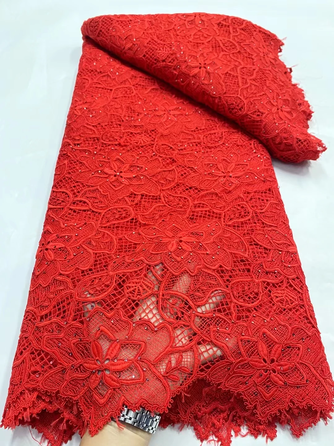 

NDPG78 Red!Top quality African water soluble lace with stones,nice looking embroidered guipure cord lace fabric for party dress!