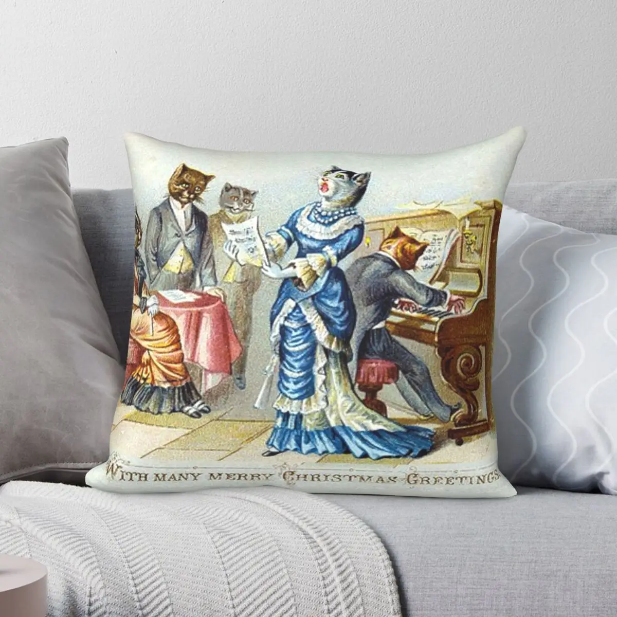 Victorian Christmas Cats Pillowcase Polyester Linen Velvet Pattern Zip Decor Bed Cushion Cover