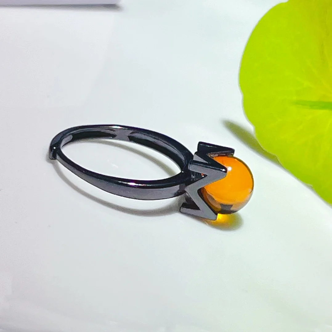 

Natural Mexico Blue Amber Ring Silver Setting 8mm Round Bead Geometric Prong Design