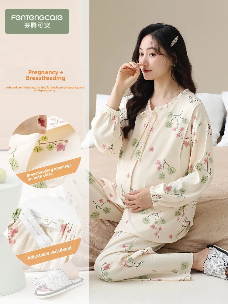 autumn-winter-long-sleeve-maternity-sleepwear-women-nursing-homecoming-clothes-two-piece-set-comfortable-cotton-pyjamas