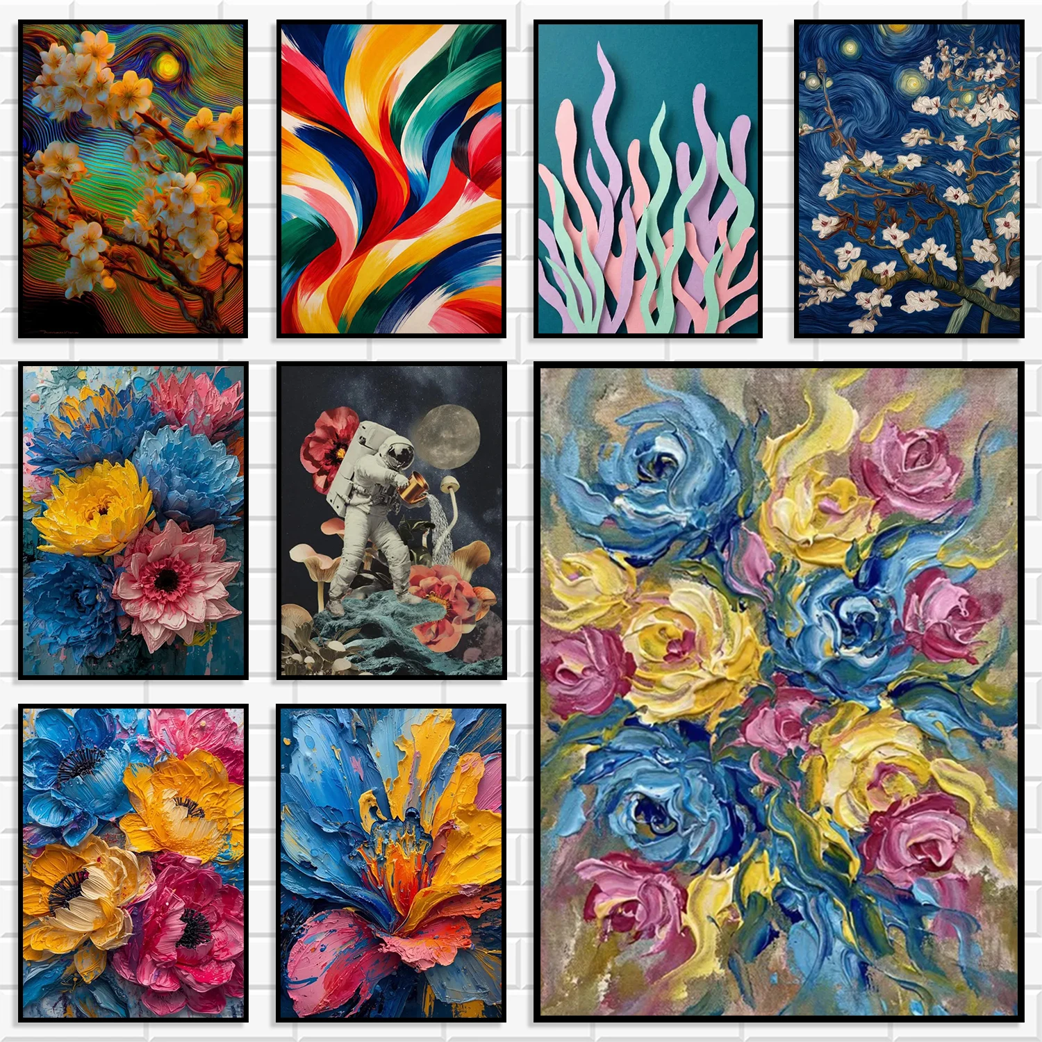 Colorful Floral Canvas Prints Impasto Texture Rose Poppy Astronaut Almond Blossom Abstract Wave Modern Nordic Home Decor Poster