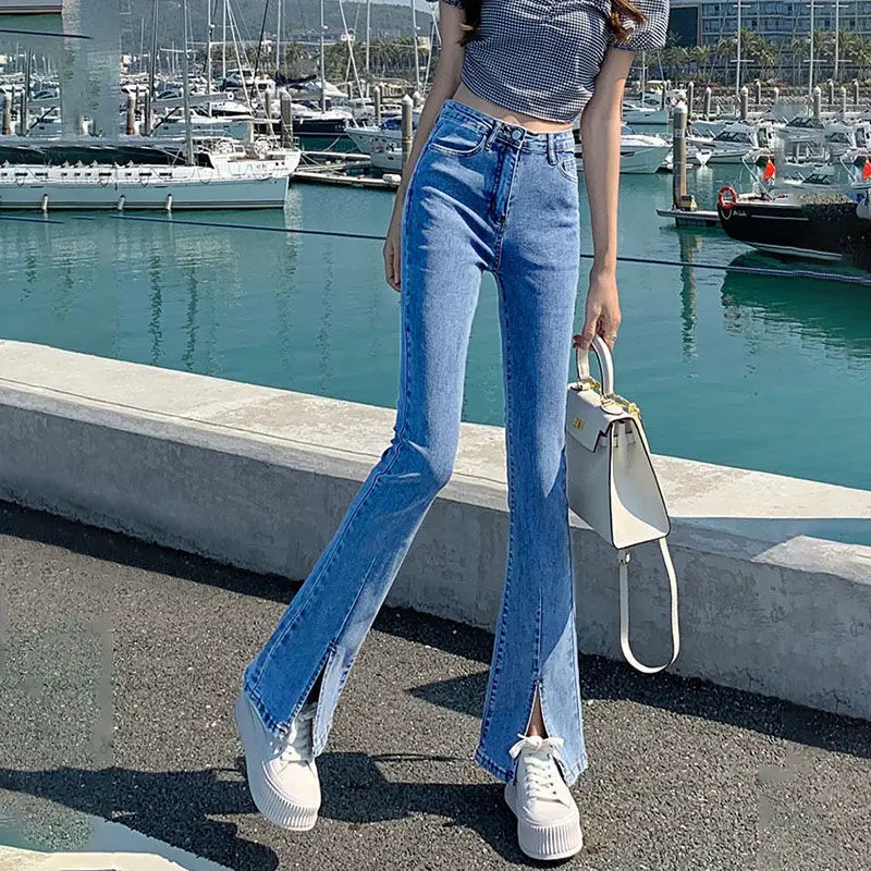 

Vintage blue slit jeans for women2022Spring high-waisted straight-leg slimming stretchy Hong Kong-style micro-flare pants for pe