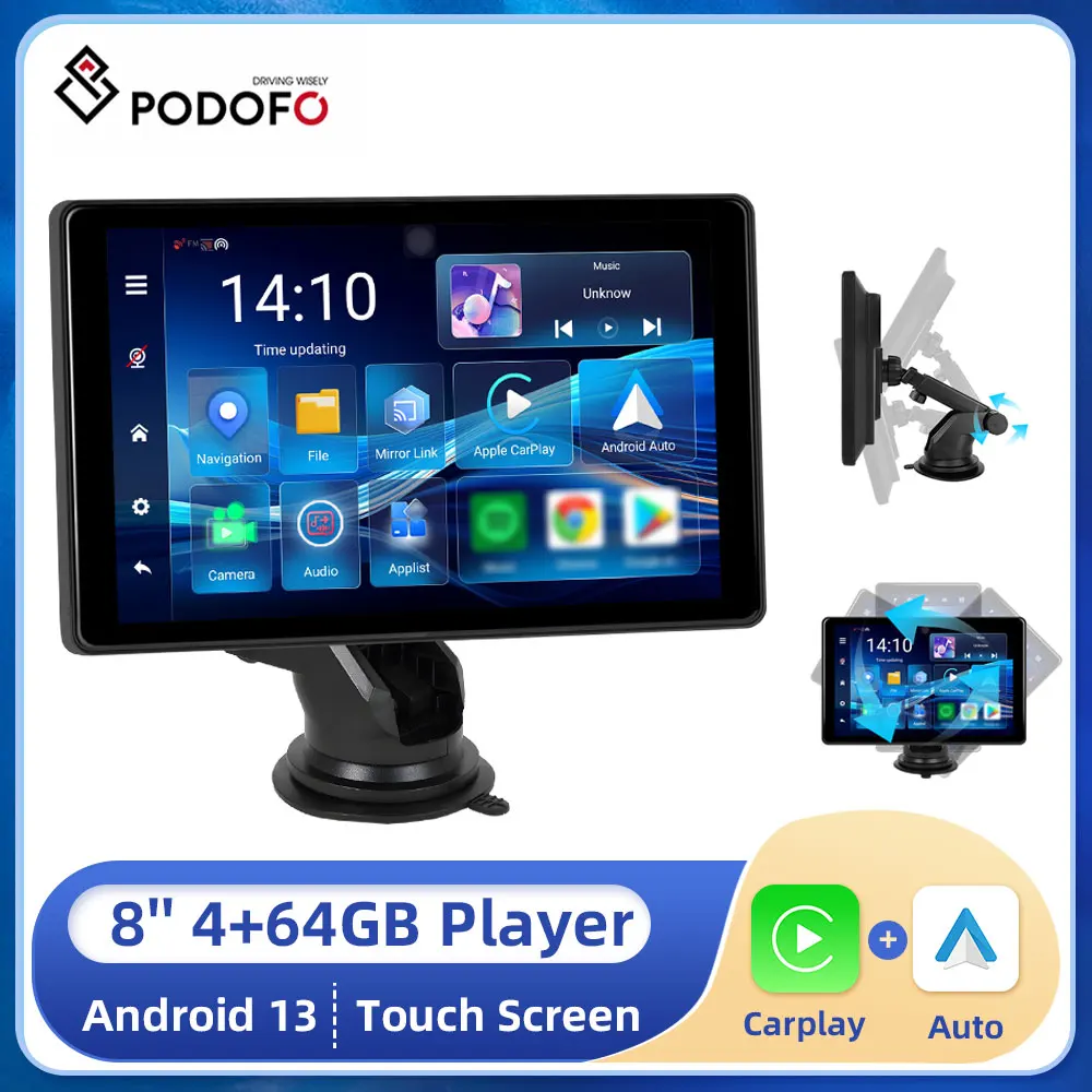 Podofo Universal Car Screen 8-Inch Multimedia WIFI Video Player Wireless Carplay Screen for Apple or Android 4+64GB Navigation