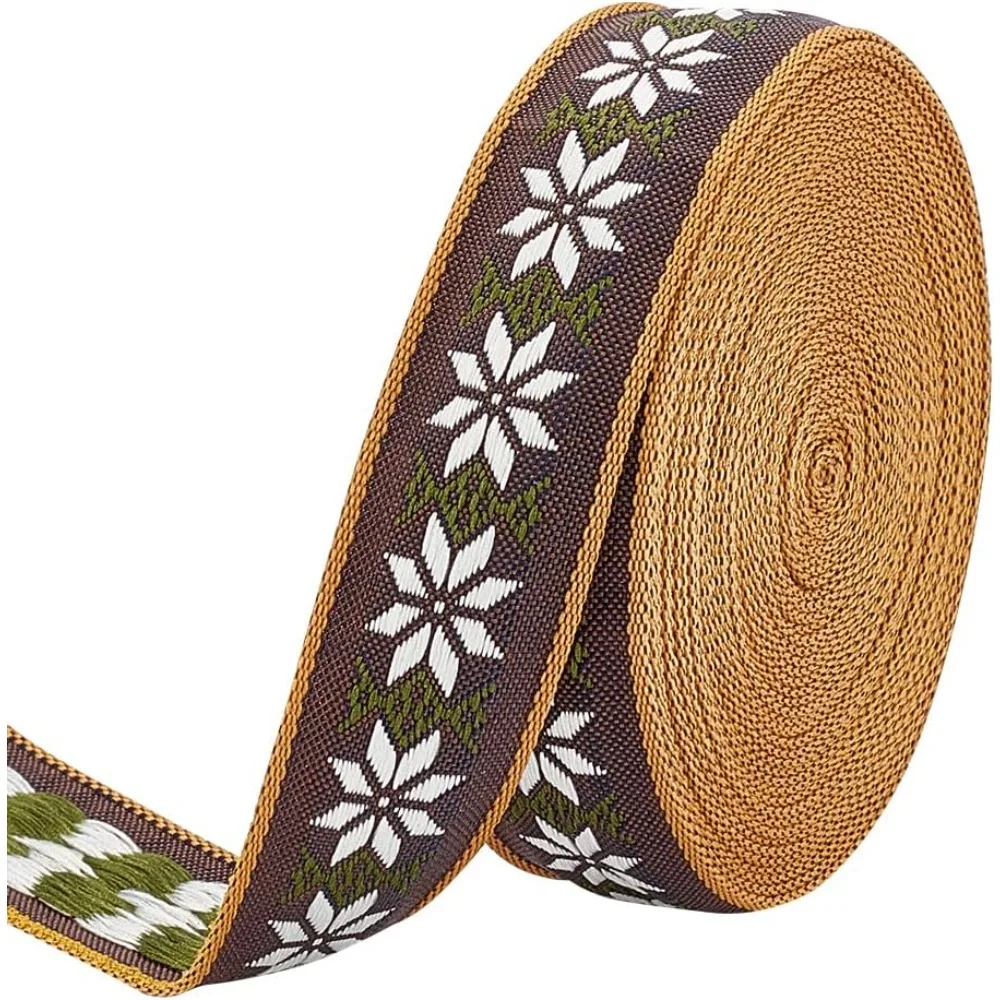 10 Yard Coconut Brown Tyrolean Ribbon Trim 0.8 inch Wide 8 Petals White Floral Pattern Woven Jacquard Trim Ethnic Embroidery