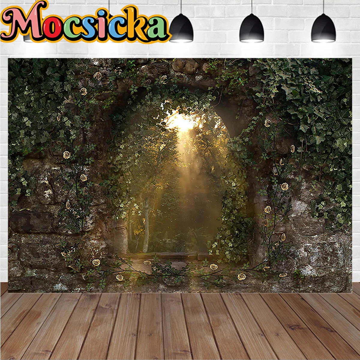 Green Forest Wedding Decor Background Ancient Stone Wall Flower Leaf Sunlight Arch Door Backdrop Girl Women Portrait Studio Prop