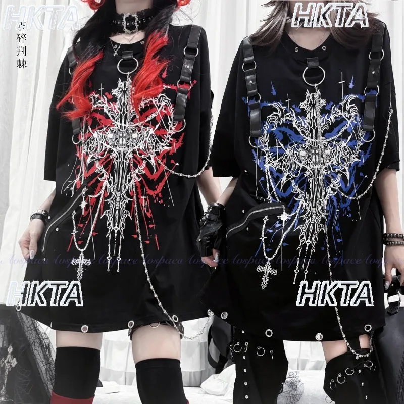 Original Japanese Black T-shirt Street Rock Cos Subculture Y2k Top  Line Print Chain Rivet Short Sleeve Tshirts Women Clothes