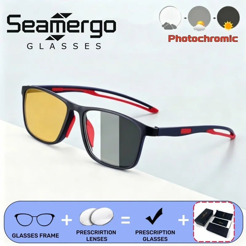 SEAMERGO Anti-slip Sports Activities TR90 Customized Photochromic Glasses Versatile Square Frame Prescription Eyewear with Box