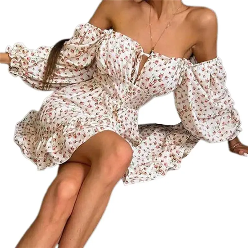 

ABUM-Women's Floral Off Shoulder Puff Sleeve Short Dress Boho Frill Trim A Line Mini Dresses