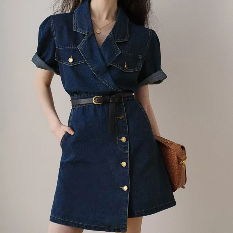 

Women's Denim Dress, Suit Neck Short Sleeve Short Dress, Belt Waist Decoration A-Line Dress, High Quality, 2025, Summer, New