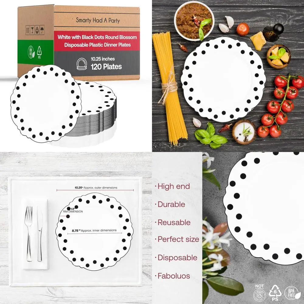 

Одноразовые белые обеденные тарелки с черным горошком и цветочным дизайном, элегантная посуда 10,25 для вечеринок