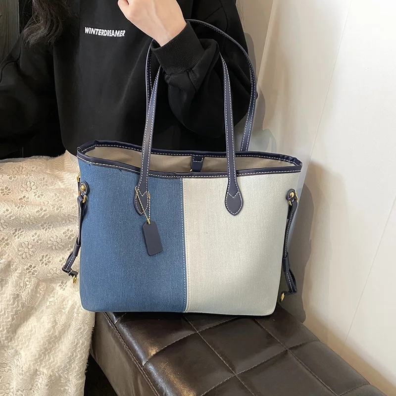 Fourre-tout haut de gamme pour femme, sac à provisions en denim, sac portable de grande capacité, à la mode et polyvalent, une mère initiée