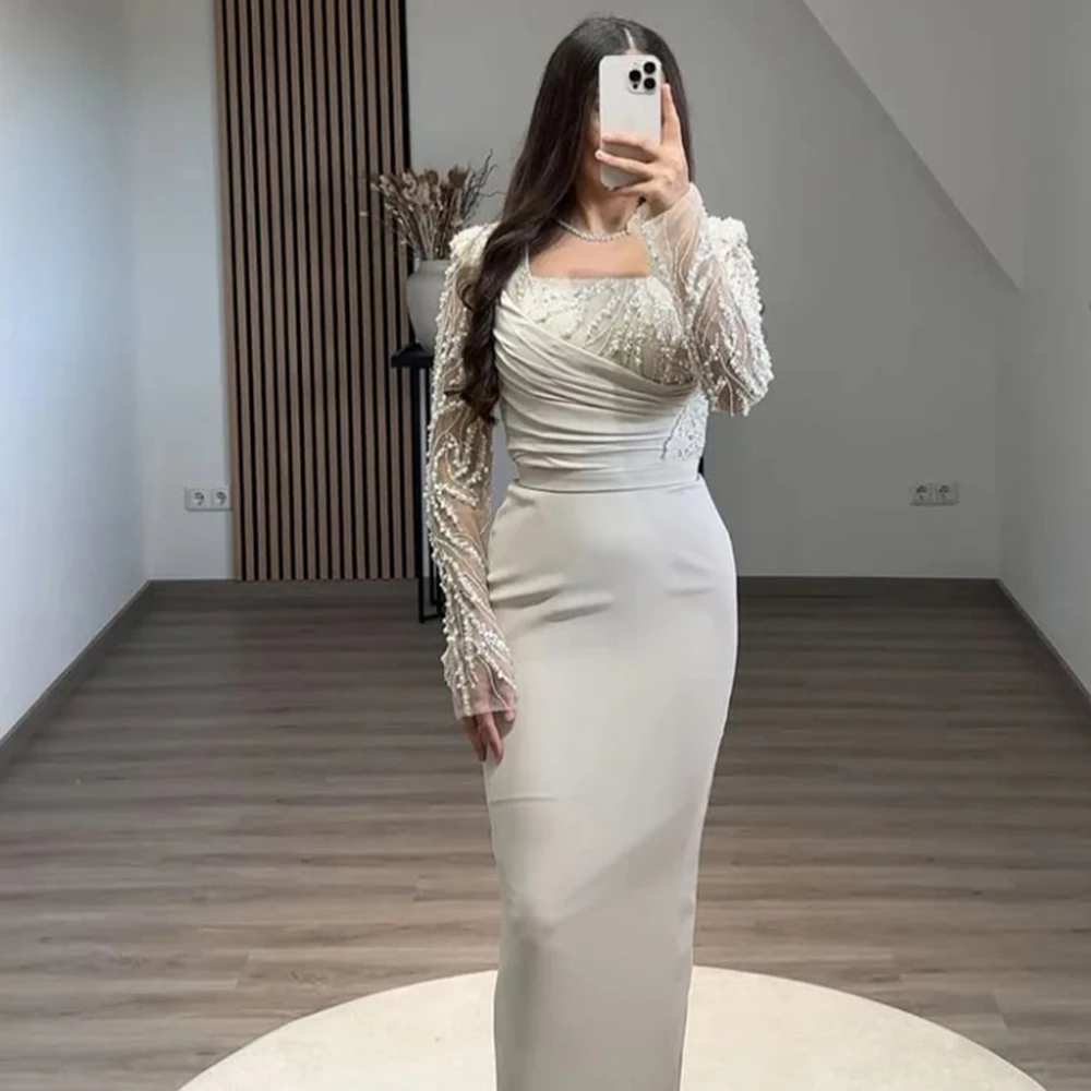 

Custmized Light Grey Square Collar Beading Jersey Evening Dress Straight Pleat Full Sleeves Party Gown Ankle Length Prom Gown