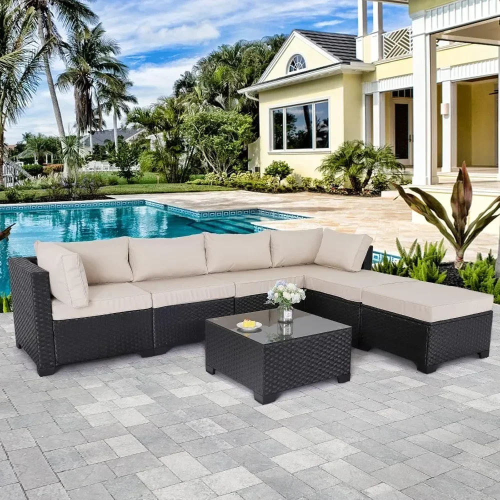 

7 Pieces Outdoor PE Wicker Furniture Set Patio Rattan Sectional Conversation Sofa Set with Glass Top Table Khaki Cushions