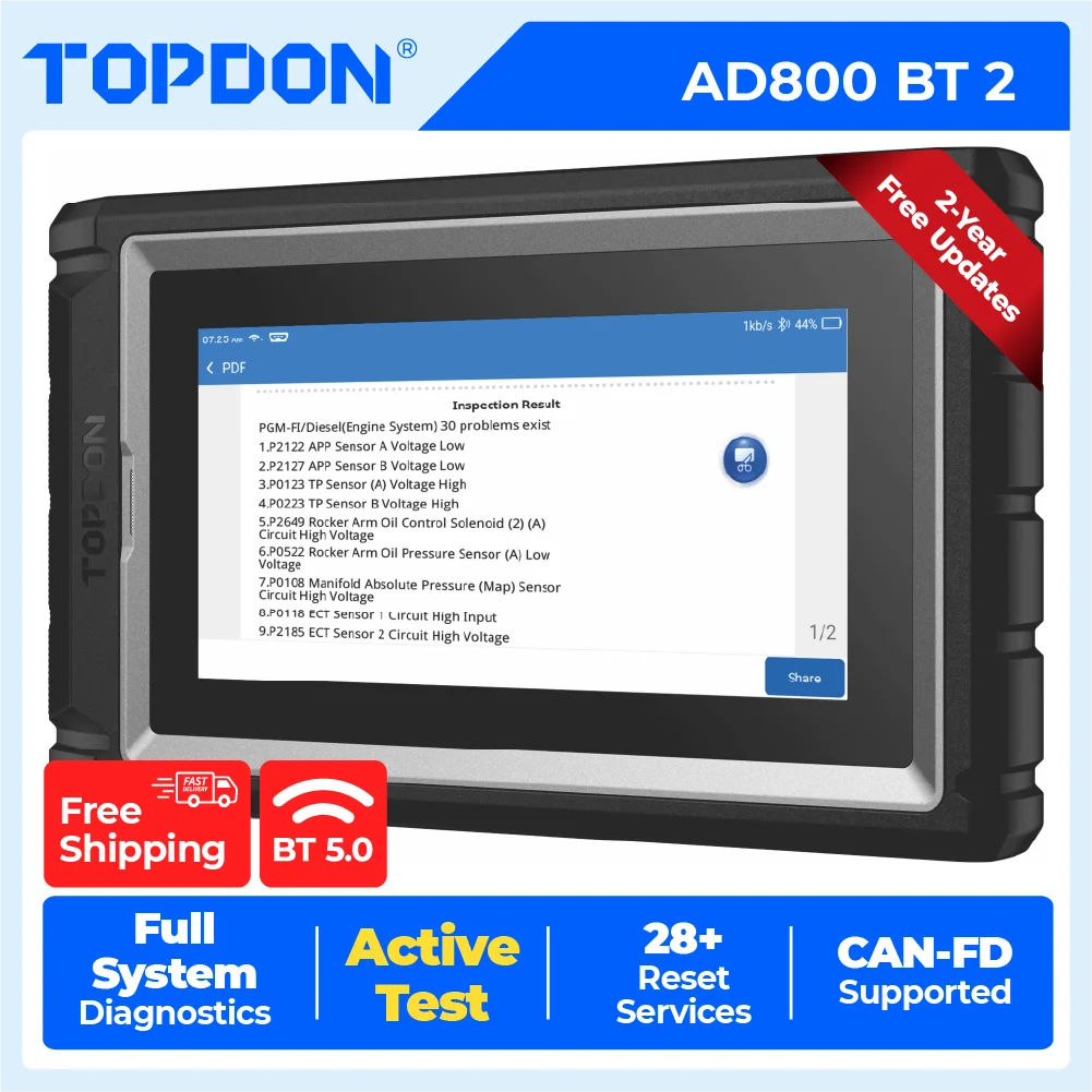 TOPDON AD800 BT 2 CAN FD Allsystem-Autodiagnosegerät, bidirektional, 28+ Reset-Funktionen, OBD-Scanner, FCA SGW, Bluetooth, kabelloses Scan-Tool