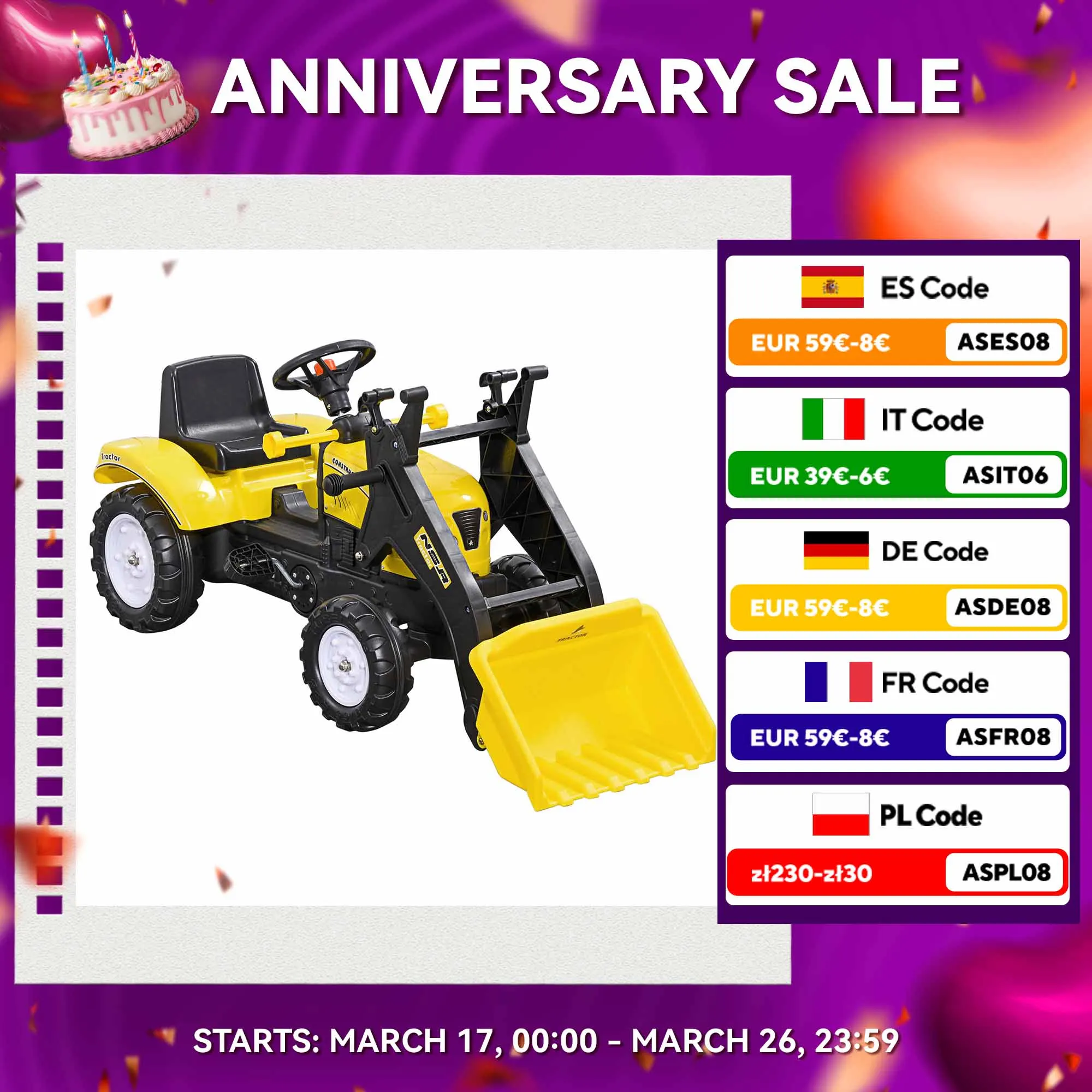 Pedali per trattori HOMCOM per bambini pala anteriore di 3 anni 114x41x52 cm gialla