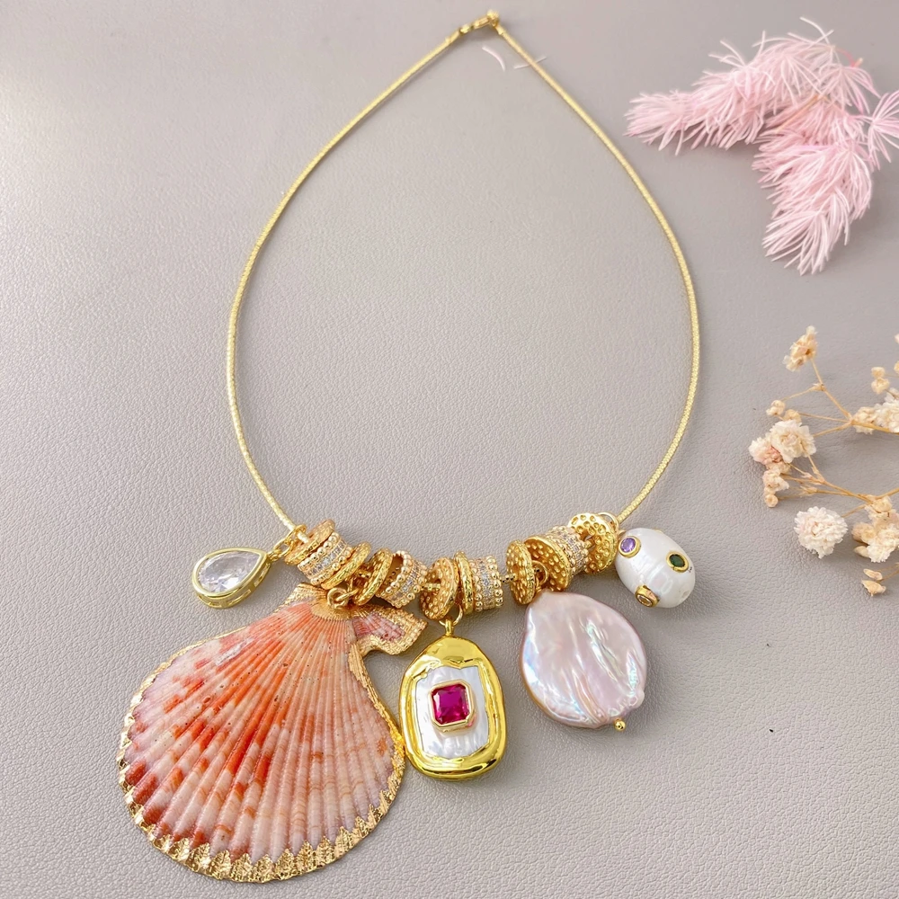

Y·YING Fashion New Women Chokers Short Necklaces White Pearl Orange Sea Shell Cz Gifts Jewelry