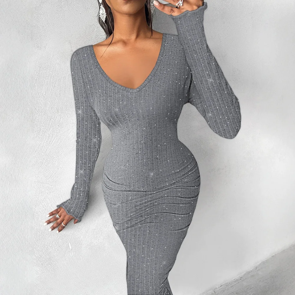 Women V-Neck Long Sleeve Rhinestone Decor Ribbed Bodycon Dress