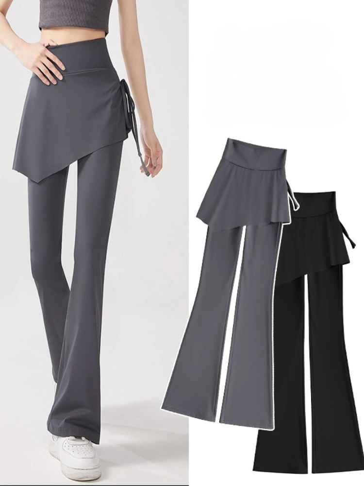 Slim Fit Skirt Pants Slightly Flared Pants Women's Stretch Slimming Fake Two-piece Drawstring High Waist Yoga Casual Leggings