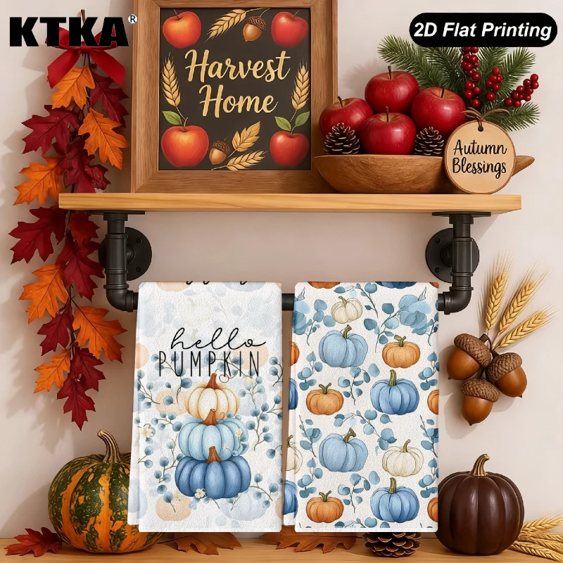 2Pcs Blue Pumpkin Kitchen Towels Fall Harvest Absorbent Cleaning Cloth Winter Home Goods Christmas Gift Decor