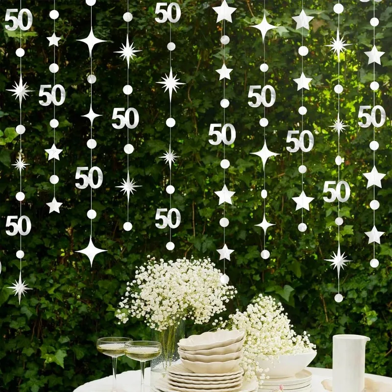 Silver 50th Birthday Party Decorations 50th Circle Dot Twinkle Star Garland Hanging Banner for 50th Anniversary Party Supplies