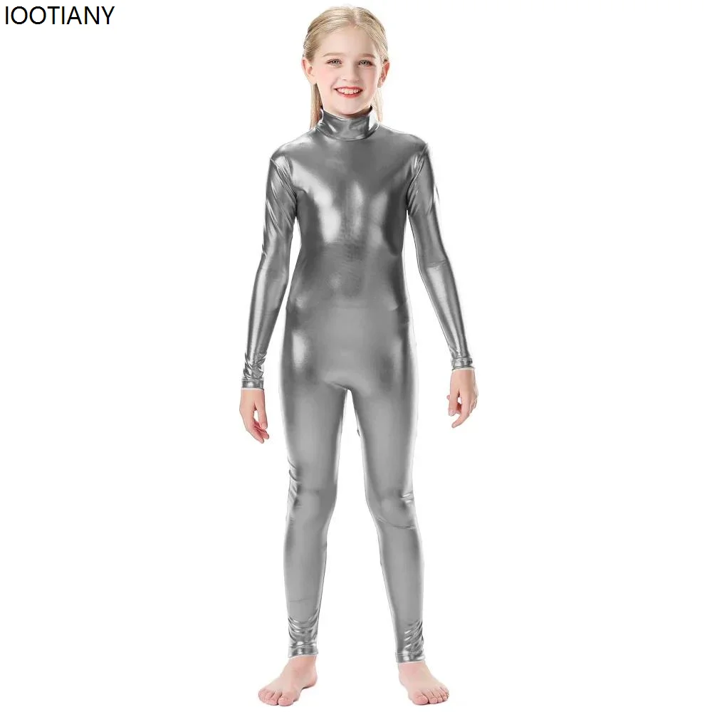 CosplayHalloween Bambini Ninja Cosplay Tuta Unisex Metallo lucido Colletto alla coreana Tuta Cerniera posteriore Catsuit Festa di carnevale Wetlook