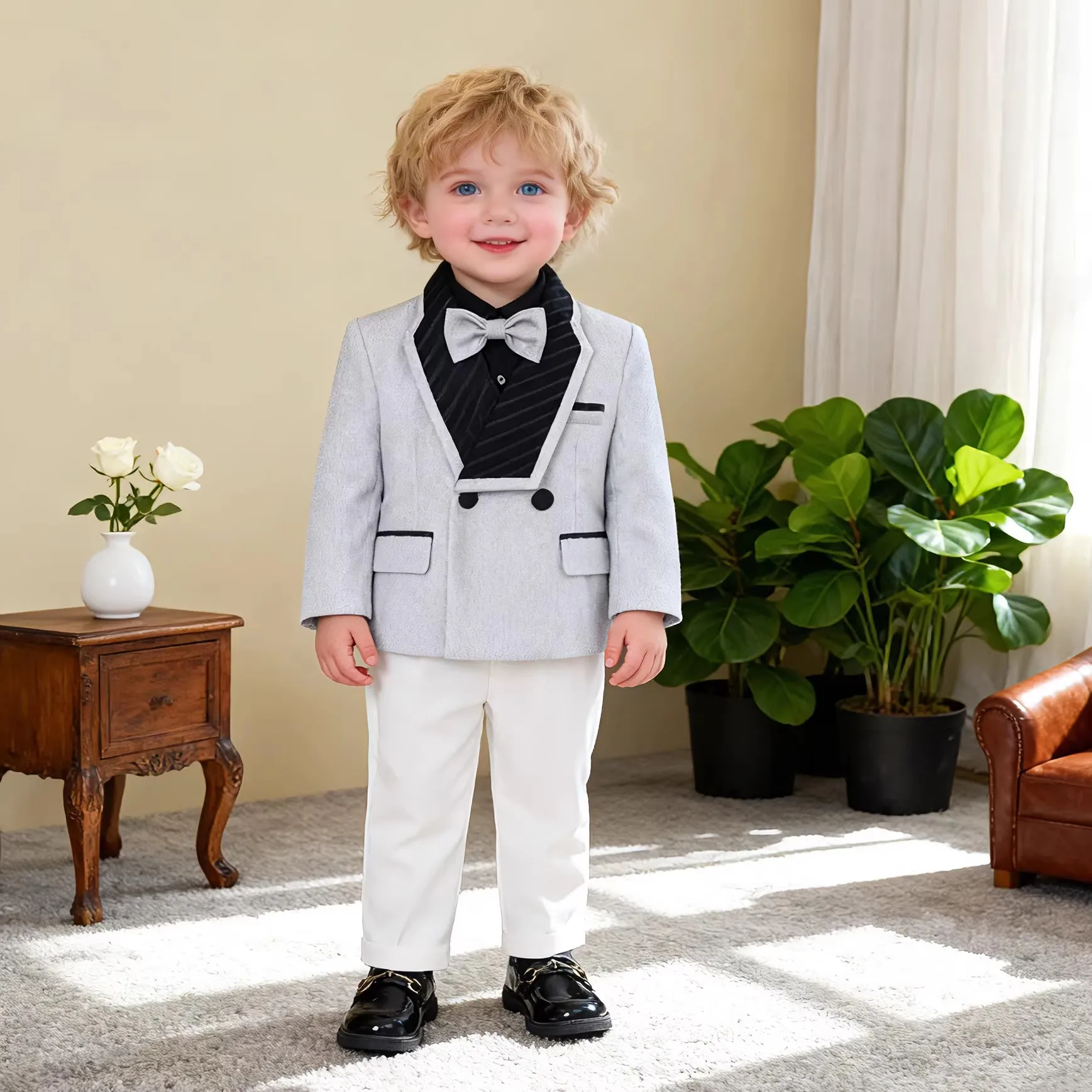 Boys Elegant Silver Suit Set Kids Piano Host Speech Catwalk Performance Costume Children's Wedding Birthday Photogrpahy Outfit 