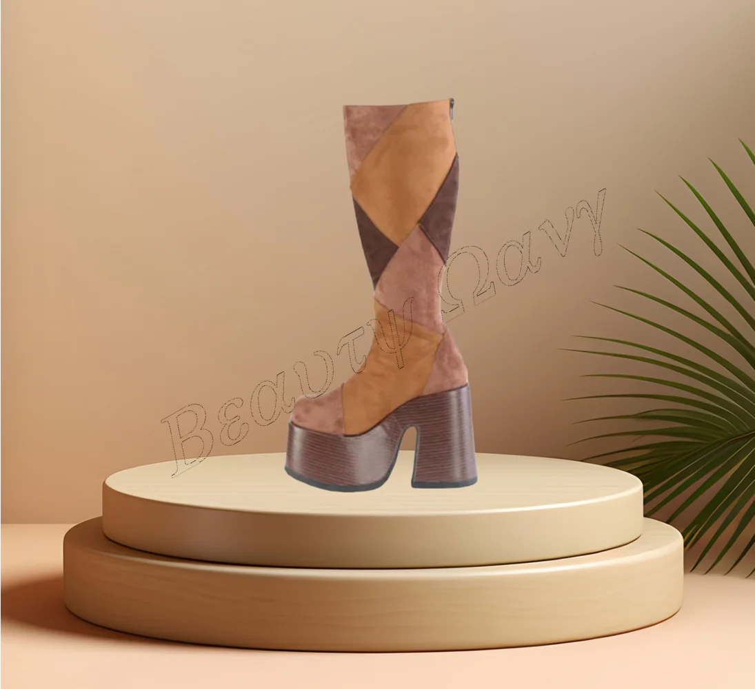 

Brown Back Zipper Punk Boots Platform Thick Heel Round Toe High Heel Shoes for Women Leather High Heels 2023 Zapatos Para Mujere