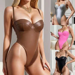 PU Leather Bodysuit Y2k Jumpsuit Shaping Streetwear Sexy Lingerie Sleeveless Backless Sling Shapewear Bodyshaper Playsuits Women