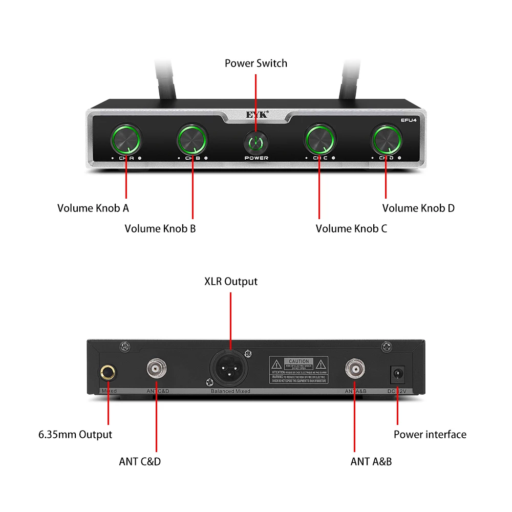 EYK EFU4 Portable Wireless Lavalier Microphone System Professional 4 Channels UHF Bodypack Transmitter Headset Lapel Church Mic