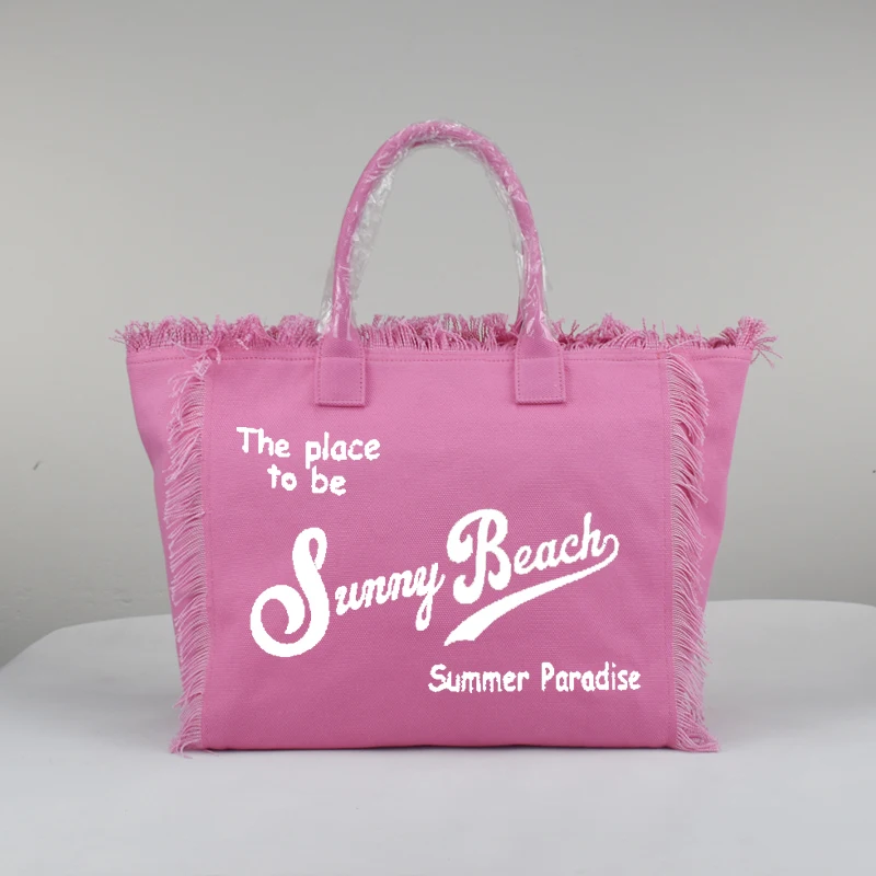 Bolso de lona para mujer, bolso de mano rosa con flecos de diseñador a la moda de gran capacidad, bolso de viaje de alta calidad para vacaciones en