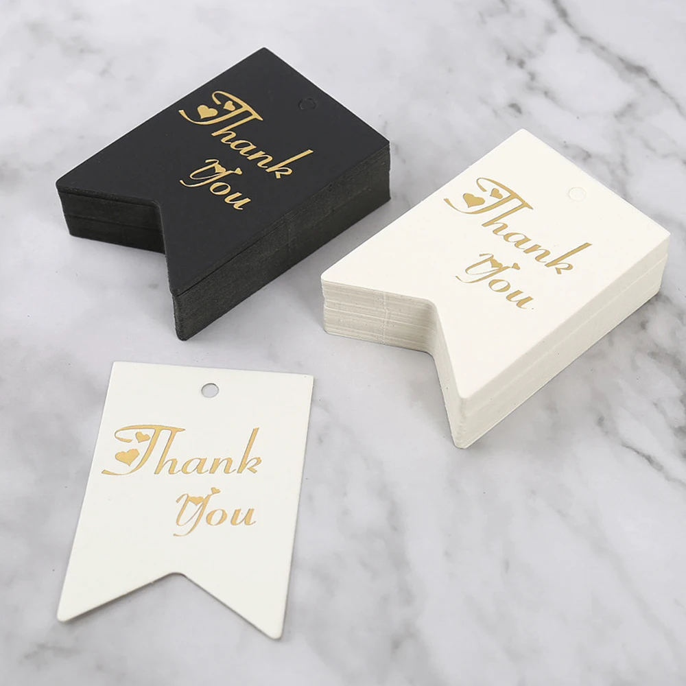 Etiquetas de tarjetas de papel de agradecimiento con estampado dorado, 50-100 piezas, negro, blanco, hecho a mano, embalaje de joyería DIY, venta al