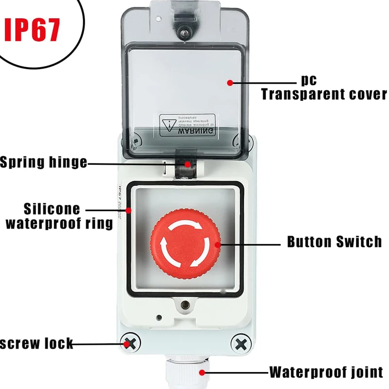 E-Stop IP67 Button Switch Outdoor Waterproof Box Red Button Emergency Stop with Protective Cover Anti-misoperation Switch Box