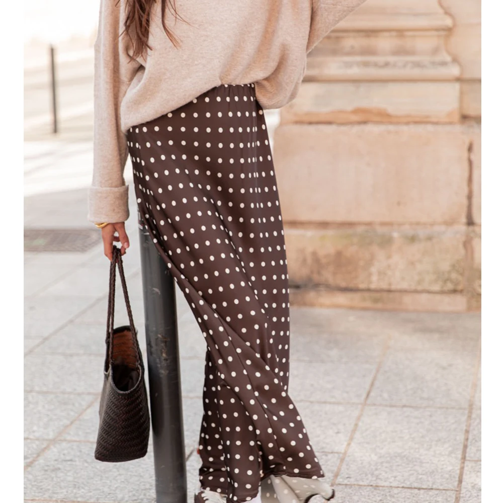 Women Vintage Aesthetic Polka Dot Maxi Skirts Elegant Bodycon A Line Flare Long Skirts Cute Dot Print Flowy Maxi Satin Skirts