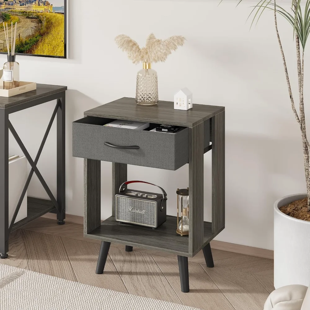 

Nightstand Set of 2 with Black Fabric Storage Drawer and Open Wood Shelf, Side Table with Storage for Bedroom, Nightstands