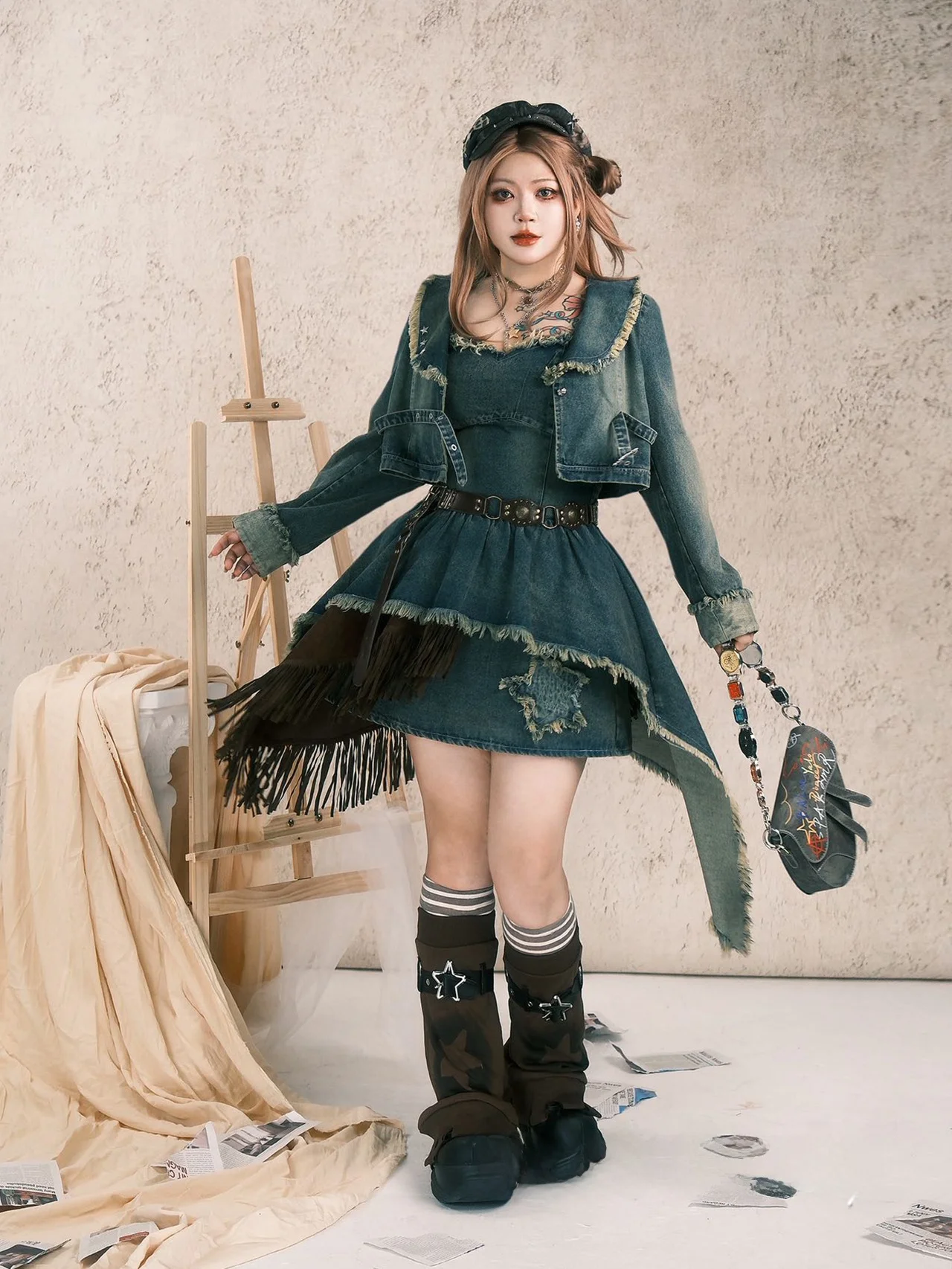 

Harandy Spring Summer 2026 Y2K Apocalyptic Style Irregular Hot Girl Denim Jacket And Halter Dress Casual High Waist A-Line Skirt