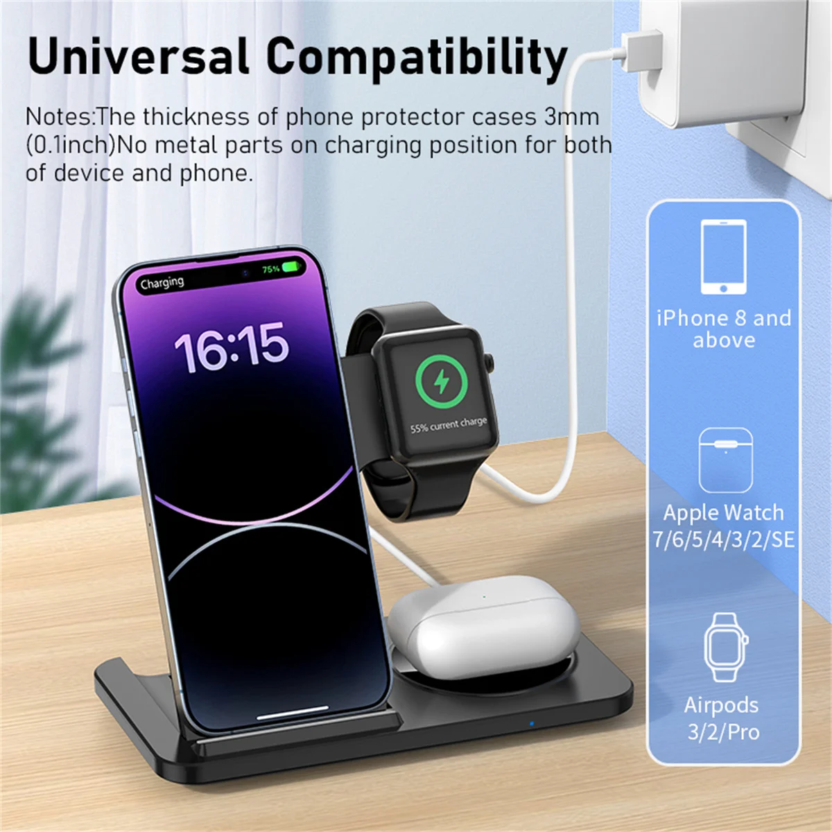

Foldable 3 In 1 Wireless Charger Stand Pad For iPhone 16 15 14 13 12 Apple Watch AirPods Fast Charging Dock Station Phone Holder
