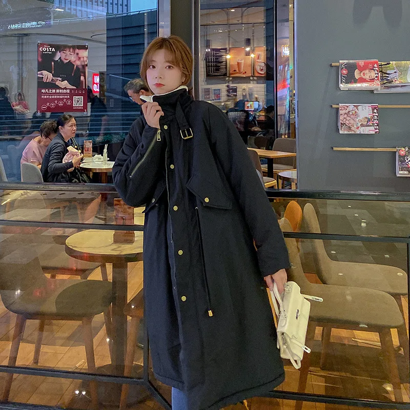 

2025 Winter Thickening Style Solid Color Loose Women Clothes Long Knee Loose Warm Cotton Clothes Female Clothing