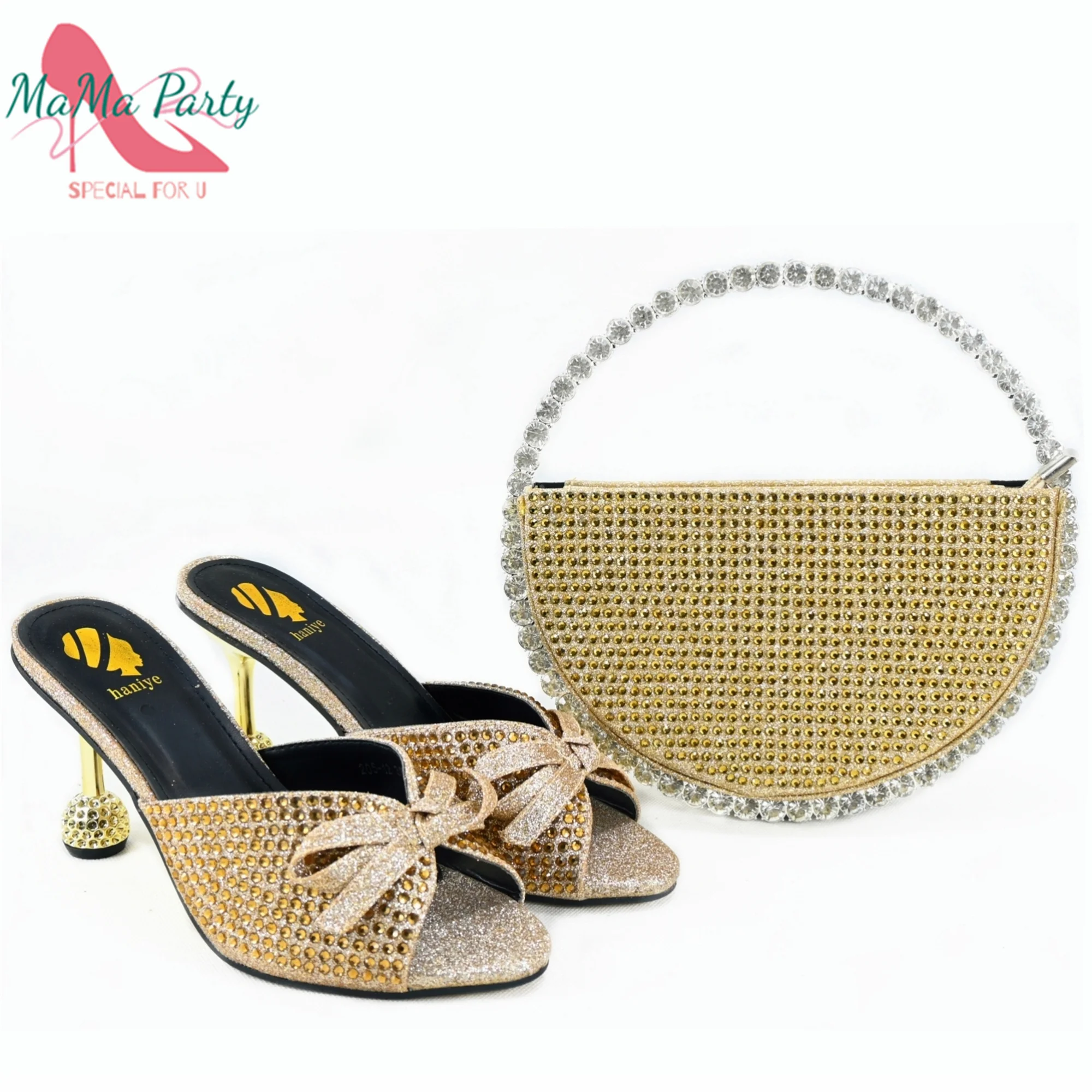 

2025 Newest Gold Color Pumps High Heels Decorated with Water Rhinestone Design Party Women's Shoes and Bags Set