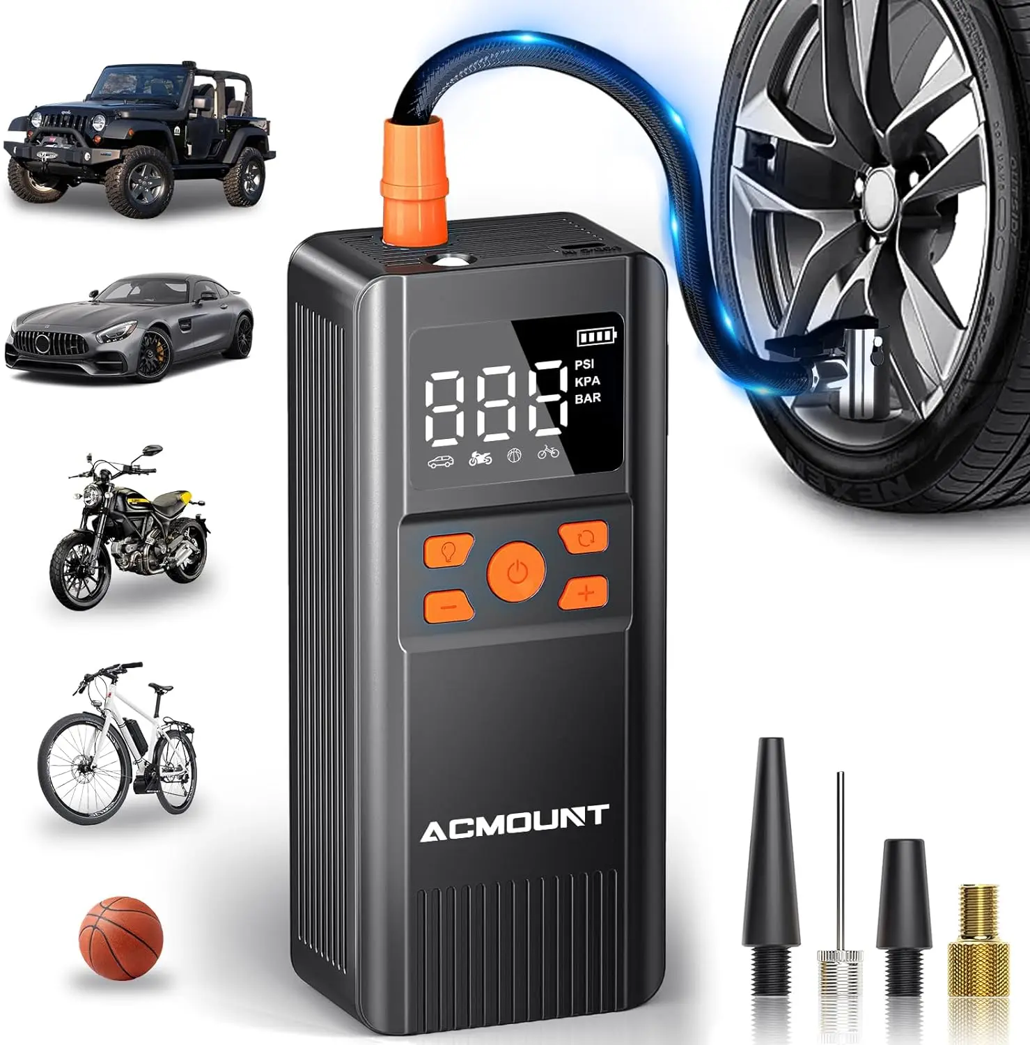 

ACMOUNT Portable 150PSI Tire Inflator, Cordless Air Pump with Digital Gauge & LED Light for Car, Bike, Motorcycle, Ball