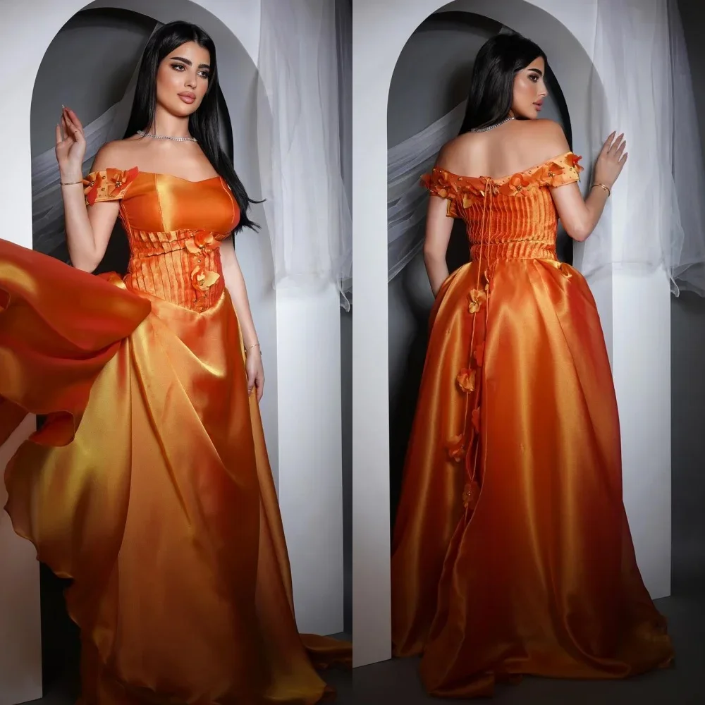 

Customized Satin Flower Beading Ruched Valentine's Day A-line Off-the-shoulder Bespoke Occasion Gown Long Dresses