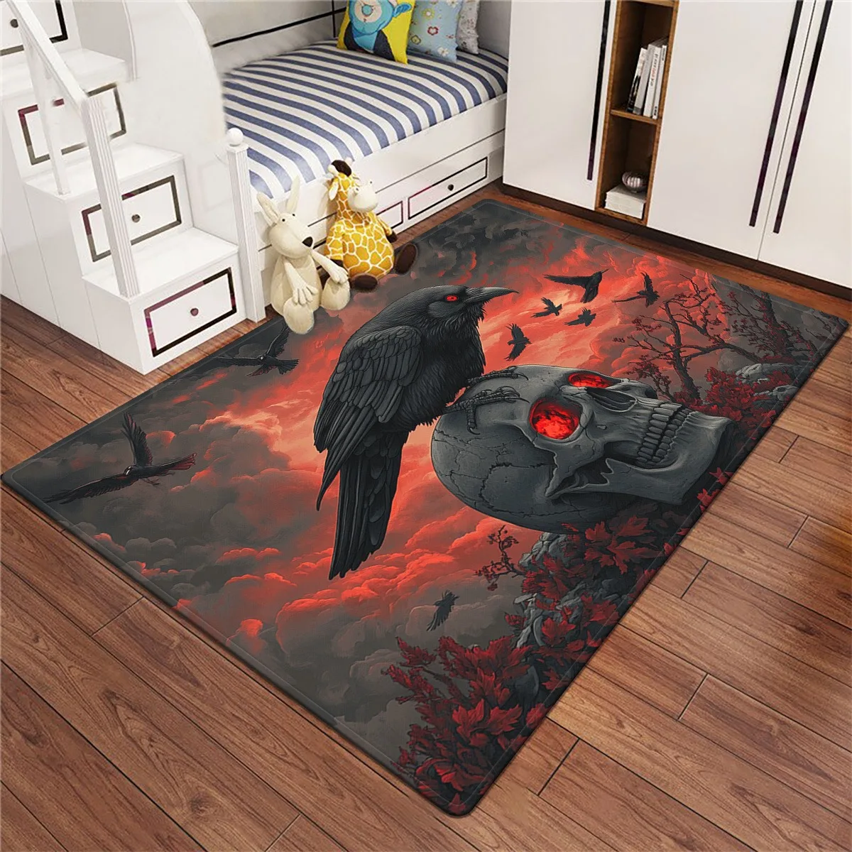 Crow Skull Printed Rug, Decor for Kitchen, Bathroom, Yoga, Living‑Room, Entrance, Camping, Outdoor Home Use