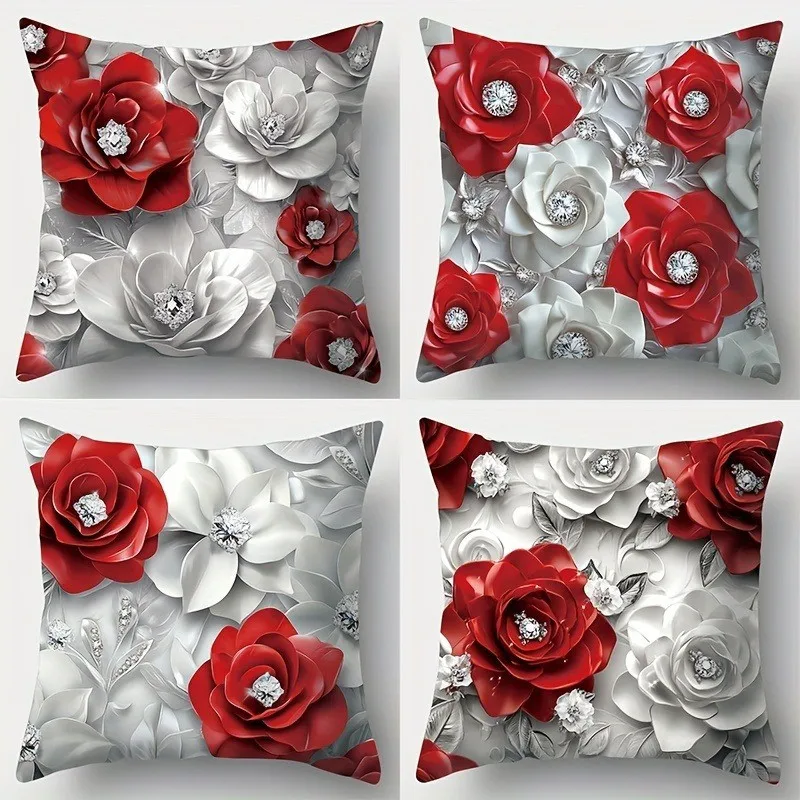 Red And White Flowers With Diamonds Pillowcase Pattern Cushion Cover Suitable For Sofa Bedroom Car Pillow Cover