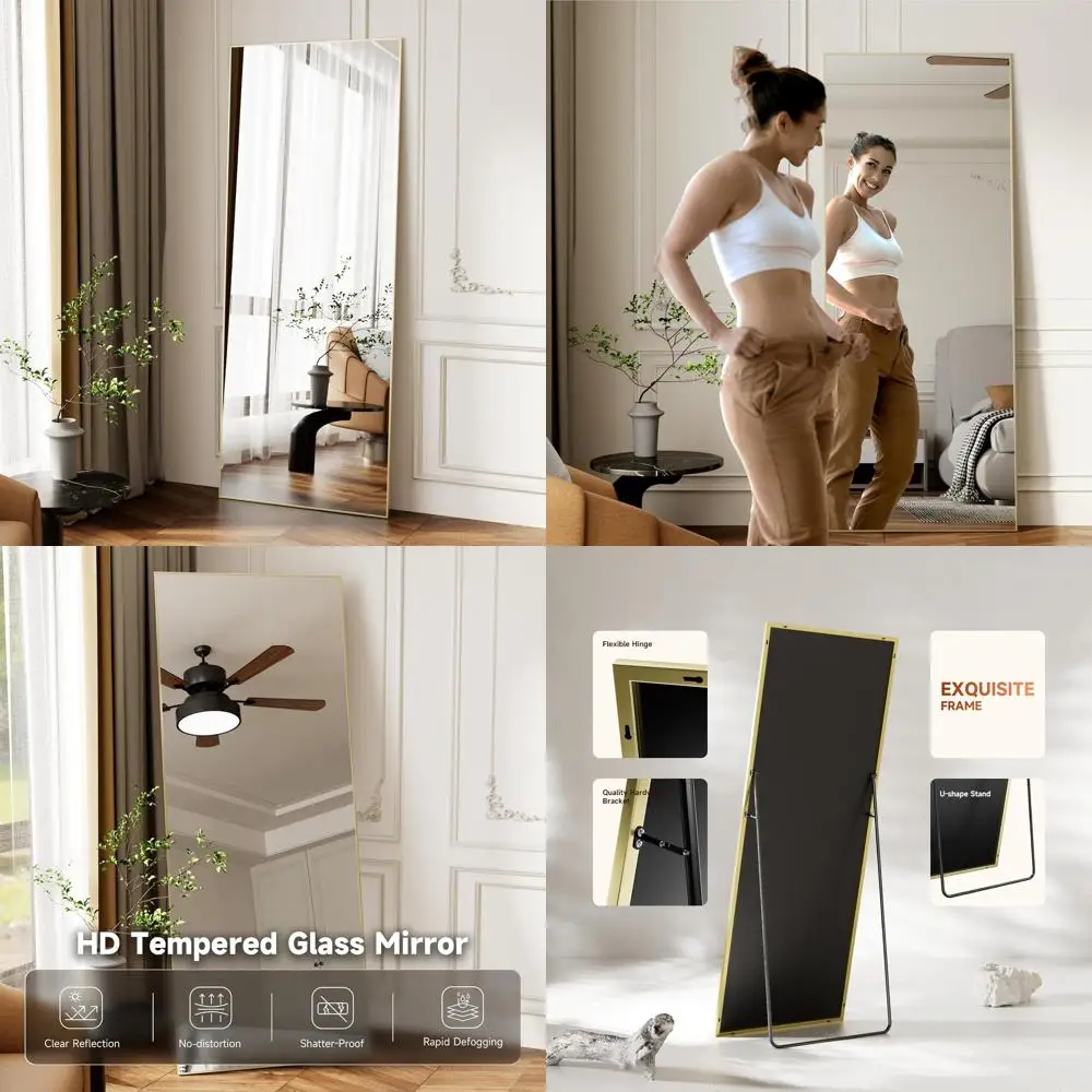 

Gold Tempered Glass Full Length Mirror - Rectangle Floor Standing Wall Mounted Aluminum Frame Mirrors for Bedroom