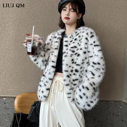 Korea Fluffy Leopard Fur Jacket Winter Women Round Neck Short Faux-Fox Fur Coats Casual Outwear Female Thick Warm Plush Overcoat