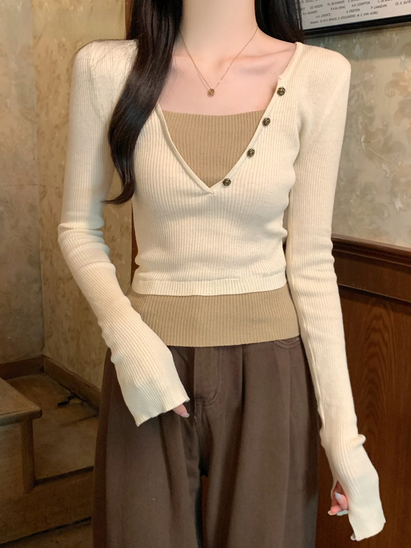 

La Chapelle Long Sve Вязаный топ на пуговицах Цветная блузка Slim Fit Корейский Sle V Ne Повседневная одежда Женская мода