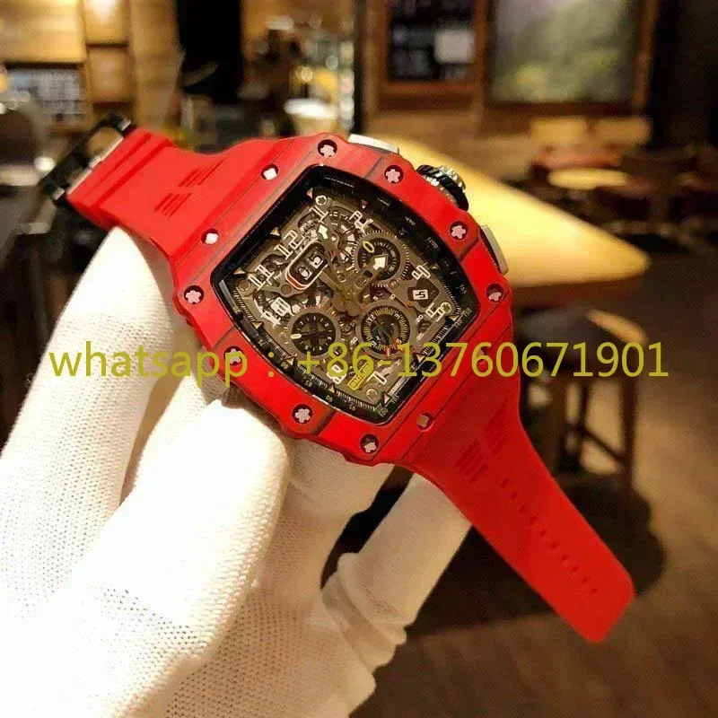 Luxury Mens Automatic Mechanical Watch Flyback Carbon Fiber Red Black Orange Rubber Strap