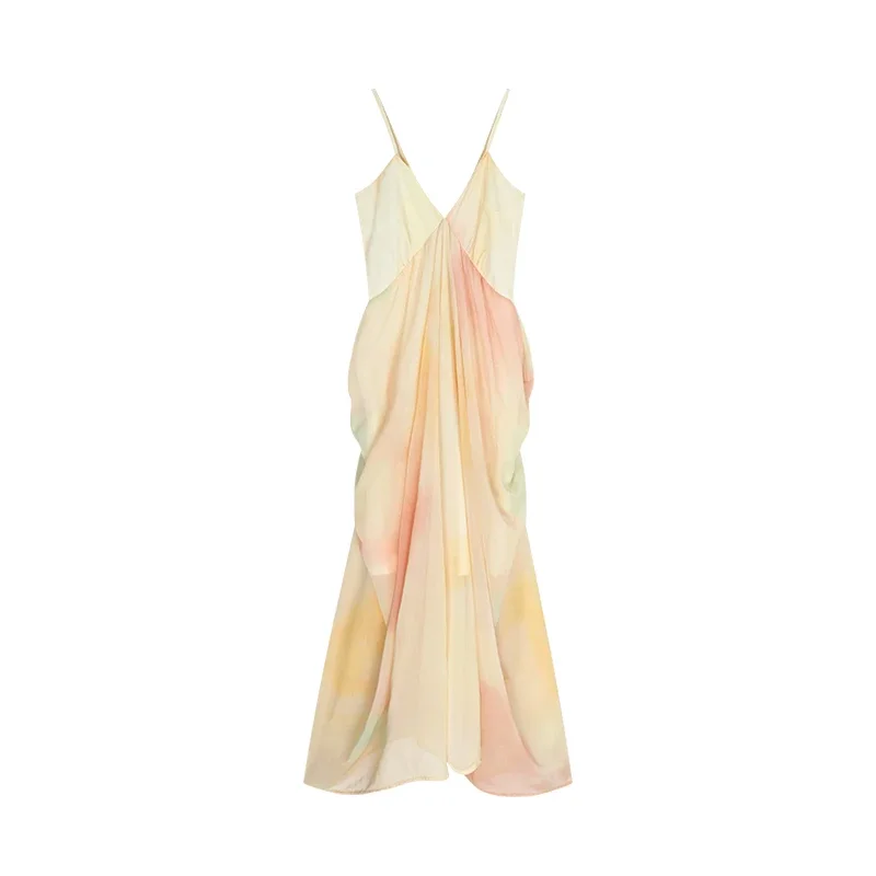 High Quality Hot Selling French Yellow Tie Dye Camisole Dress Cool Elegant Temperament Vacation Long Dress Vestidos Sexy Dress