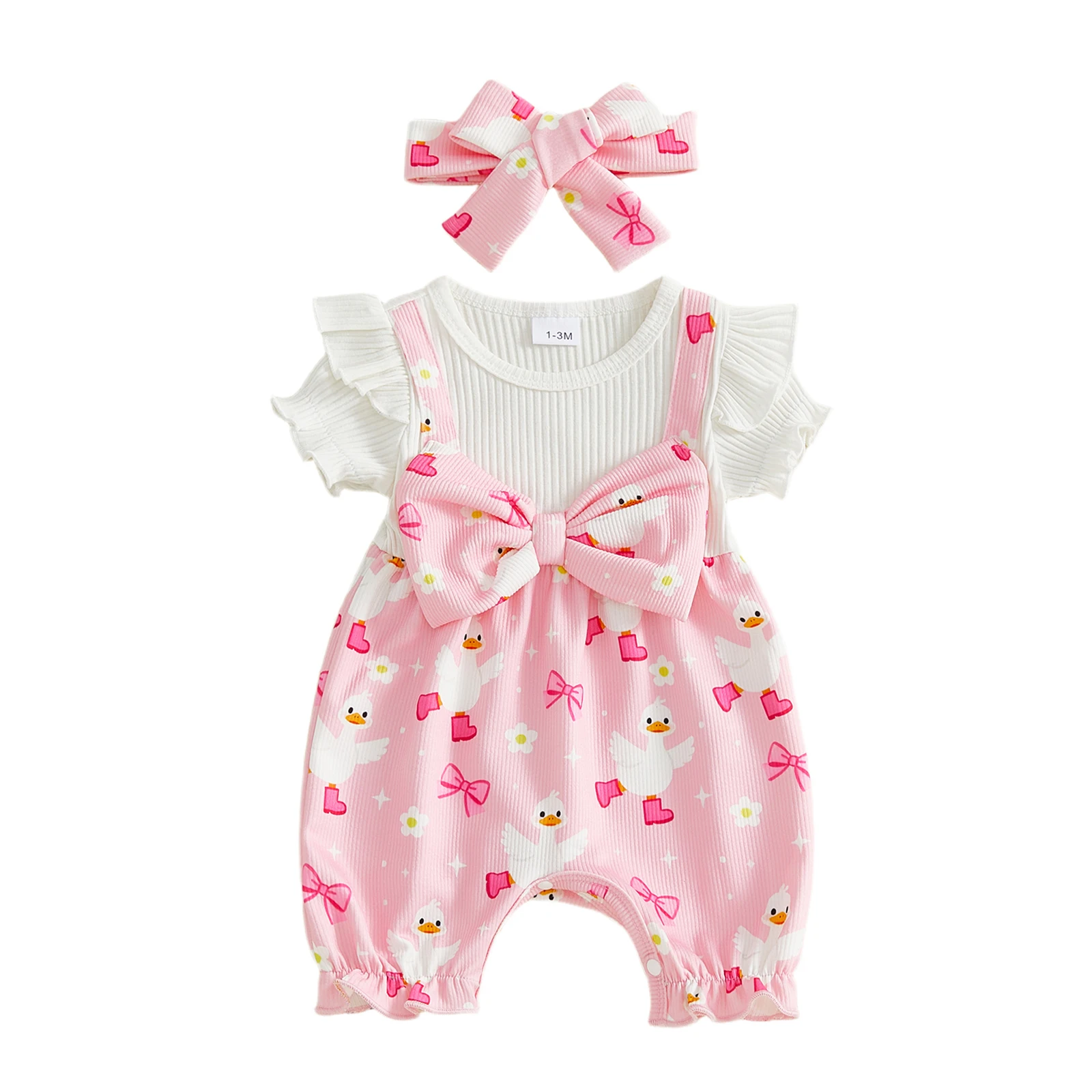 

Комбинезон для маленьких девочек, комбинезон с короткими рукавами и принтом гусиного банта и повязкой на голову, летняя повседневная одежда