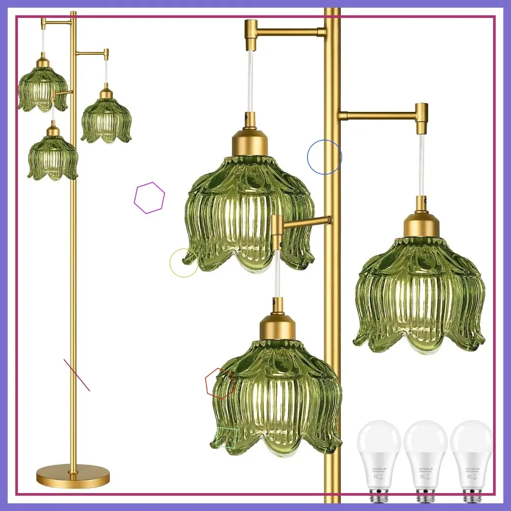 

Gold Mid Century Modern Floor Lamp with Green Flower Shade, Vintage Retro Standing Light for Living Room Bedroom